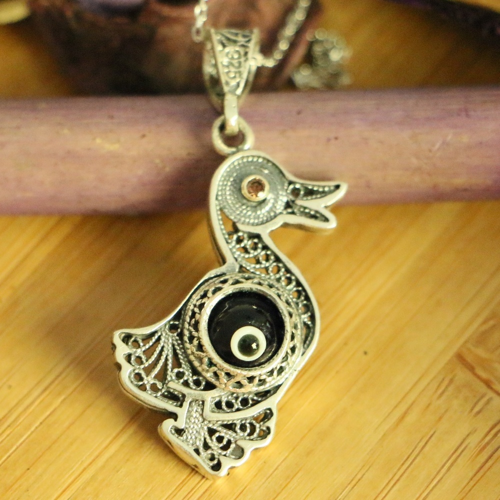 925 Sterling Silver duck 4 luck&Evil Eye Necklace